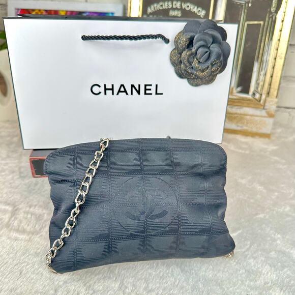 CHANEL Black Canvas New Travel Line Pouch wristlet, Crossbody Bag with Chains - Picture 1 of 16